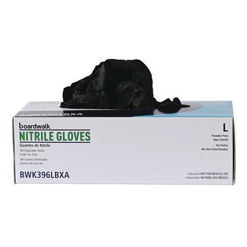 Image of Boardwalk® Disposable General-Purpose Powder-Free Nitrile Gloves, Large, Black, 4.4 mil, 100/Box, 10 Boxes/Carton