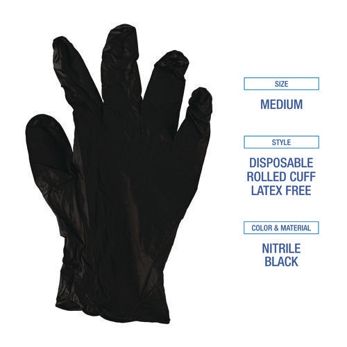 Image of Boardwalk® Disposable General-Purpose Powder-Free Nitrile Gloves, Medium, Black, 4.4 mil, 100/Box, 10 Boxes/Carton
