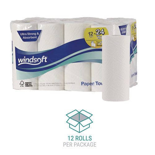 Image of Windsoft® Premium Kitchen Roll Towels, 2-Ply, 11 x 6, White, 110/Roll, 12 Rolls/Carton