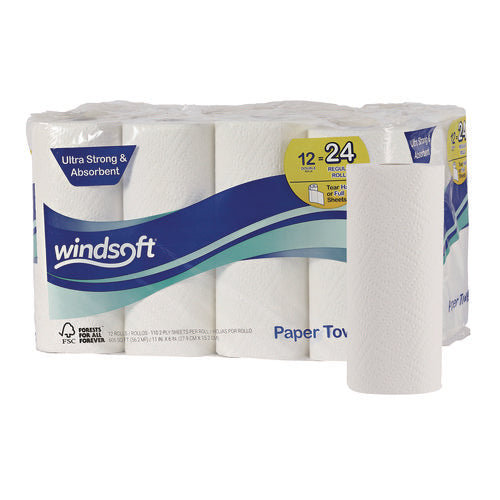 Image of Windsoft® Premium Kitchen Roll Towels, 2-Ply, 11 x 6, White, 110/Roll, 12 Rolls/Carton