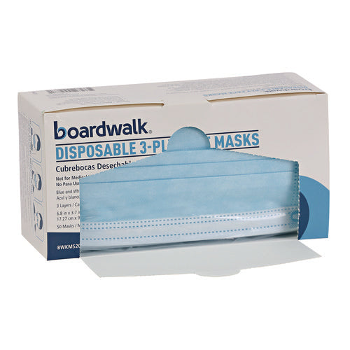 Image of Boardwalk® Three-Ply General Use Face Mask, Blue, 50/box