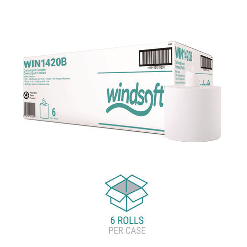 Image of Windsoft® Center-Flow Perforated Paper Towel Roll, 7.3 x 15, White, 6 Rolls/Carton