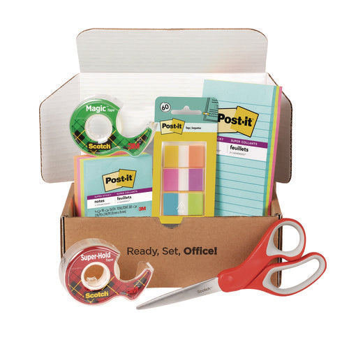 Image of Scotch Office Essentials Kit, 7 Pads Assorted Super Sticky Notes, 1 Pack Flags, Roll Magic Tape, Roll Super-Hold Tape, 1 Scissors