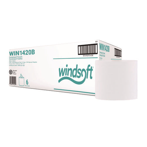 Image of Windsoft® Center-Flow Perforated Paper Towel Roll, 7.3 x 15, White, 6 Rolls/Carton
