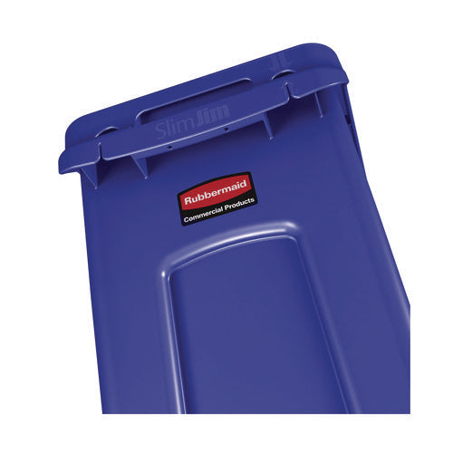 Image of Rubbermaid® Commercial Slim Jim Plastic Recycling Container with Venting Channels, 23 gal, Plastic, Blue
