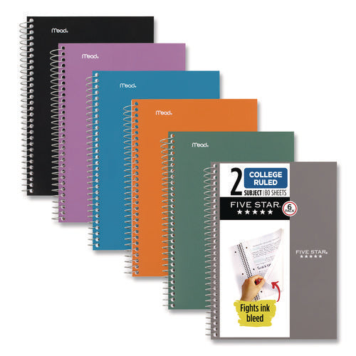 Image of Five Star® Wirebound Notebook, 2-Subject, Medium/College Rule, Assorted Cover Colors, (80) 9.5 x 6.52 Sheets, 6/Pack
