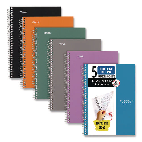 Image of Five Star® Wirebound Notebook, 5-Subject, Medium/College Rule, Assorted Cover Colors, (150) 9.5 x 6.63 Sheets, 6/Pack