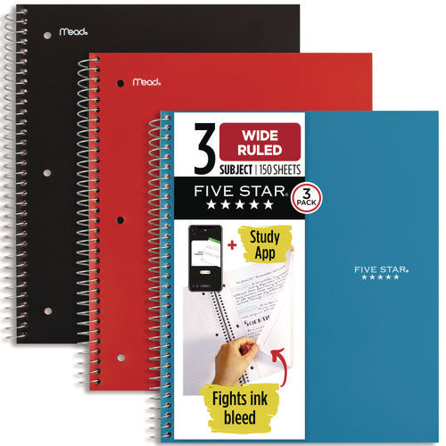 Image of Five Star® Wirebound Notebook, 3-Subject, Wide/Legal Rule, Assorted Cover Colors, (150) 10.5 x 8.63 Sheets, 3/Pack