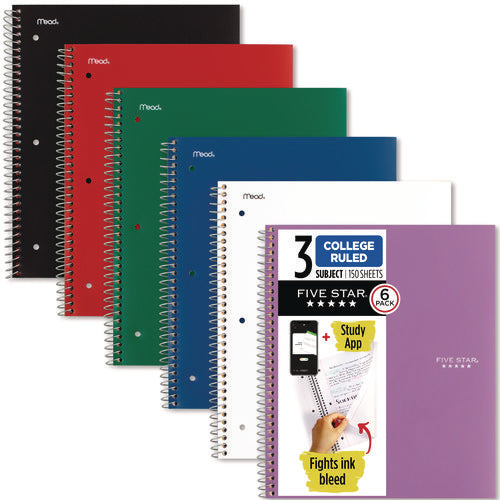 Image of Five Star® Wirebound Notebook, 3-Subject, Medium/College Rule, Assorted Cover Colors, (150) 11 x 9.13 Sheets, 6/Pack