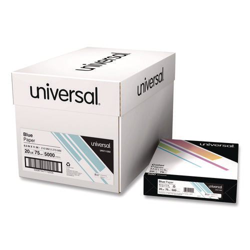 Image of Universal® Deluxe Colored Paper, 20 lb Bond Weight, 8.5 x 11, Blue, 500 Sheets/Ream, 10 Reams/Carton