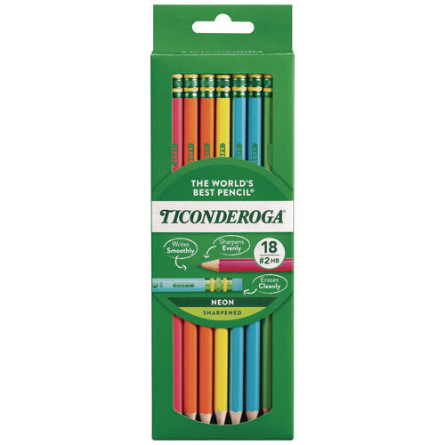 Image of Ticonderoga® Pre-Sharpened Pencil, 2.2 mm, HB (#2), Black Lead, Neon Assorted Barrel Colors, 18/Pack