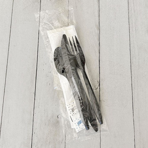 Image of Boardwalk® Six-Piece Cutlery Kit, Mediumweight, Fork/Knife/Napkin/Pepper/Salt/Spoon, 5.86", Plastic, Black, 250/Carton