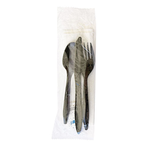 Image of Boardwalk® Six-Piece Cutlery Kit, Mediumweight, Fork/Knife/Napkin/Pepper/Salt/Spoon, 5.86", Plastic, Black, 250/Carton