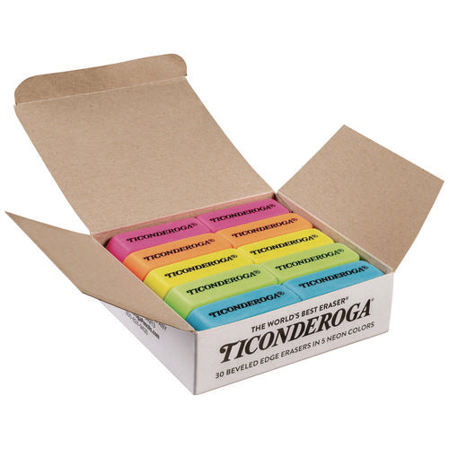 Image of Ticonderoga® Neon Wedged Block Erasers, For Pencil Marks, Slanted-Edge Rectangular Block, Medium, Assorted Colors, 30/Box