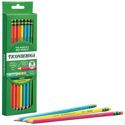 Image of Ticonderoga® Pre-Sharpened Pencil, 2.2 mm, HB (#2), Black Lead, Neon Assorted Barrel Colors, 18/Pack
