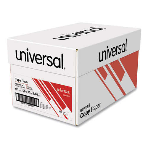 Image of Universal® Copy Paper, 92 Bright, 3-Hole, 20 lb Bond Weight, 8.5 x 11, White, 500 Sheets/Ream, 10 Reams/Carton