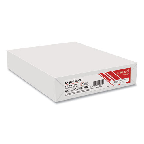 Image of Universal® Copy Paper, 92 Bright, 3-Hole, 20 lb Bond Weight, 8.5 x 11, White, 500 Sheets/Ream, 10 Reams/Carton
