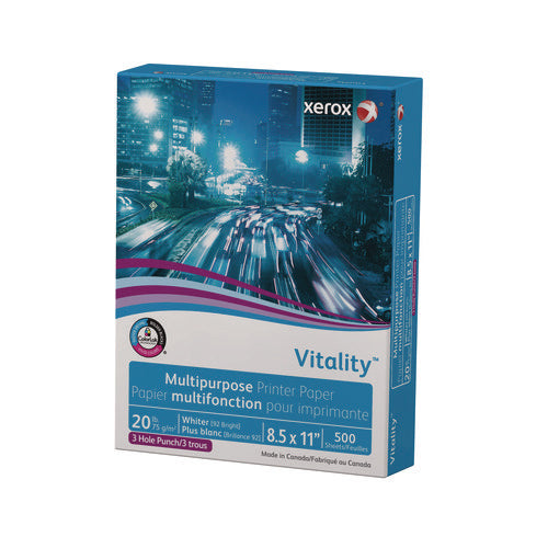 Image of xerox Vitality Multipurpose Print Paper, 92 Bright, 3-Hole, 20 lb Bond Weight, 8.5 x 11, 500 Sheets/Ream, 10 Reams/Carton