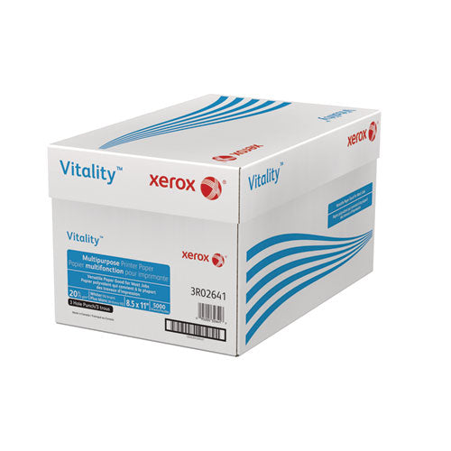 Image of xerox Vitality Multipurpose Print Paper, 92 Bright, 3-Hole, 20 lb Bond Weight, 8.5 x 11, 500 Sheets/Ream, 10 Reams/Carton