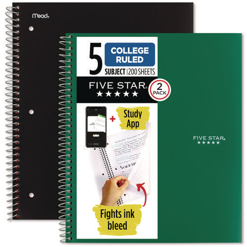Image of Five Star® Wirebound Notebook, 5-Subject, Medium/College Rule, Assorted Cover Colors, (200) 11 x 8.5 Sheets, 2/Pack