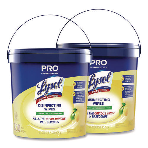 Image of LYSOL® Brand Professional Disinfecting Wipe Bucket, 1-Ply, 6 x 8, Lemon and Lime Blossom, White, 800 Wipes/Bucket, 2 Buckets/Carton