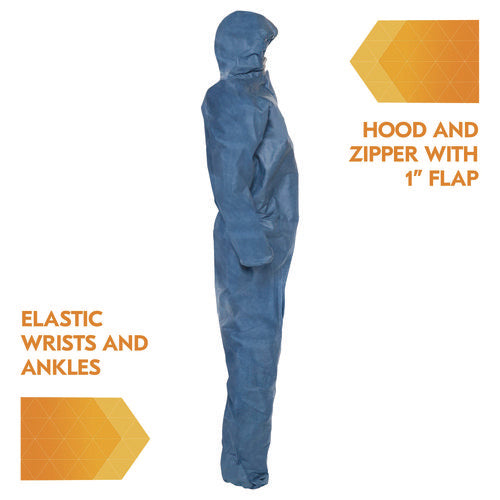 Image of KleenGuard A20 Breathable Particle Protection Coveralls, Zip Front, Hood, Elastic Back, Wrists, Ankles, 2X-Large, Blue, 24/Carton