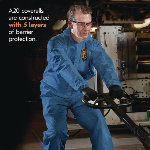 Image of KleenGuard A20 Breathable Particle Protection Coveralls, Zip Front, Hood, Elastic Back, Wrists, Ankles, 2X-Large, Blue, 24/Carton