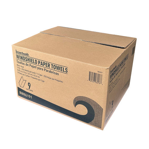 Image of Boardwalk® Windshield Paper Towels, 9.05 x 10, Blue, 250/Pack, 9 Packs/Carton