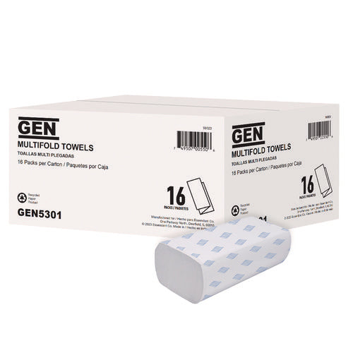 Image of GEN Multifold Towels, 1-Ply, 9.25 x 9.05, White, 250/Pack, 16 Packs/Carton