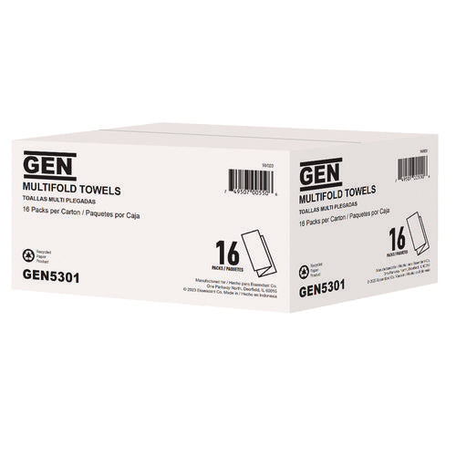 Image of GEN Multifold Towels, 1-Ply, 9.25 x 9.05, White, 250/Pack, 16 Packs/Carton