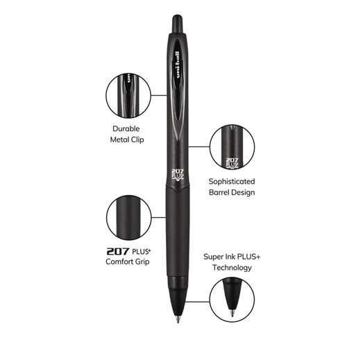 Image of uniball® 207 Plus+ Gel Pen, Retractable, Micro 0.5 mm, Black Ink, Black Barrel, Dozen