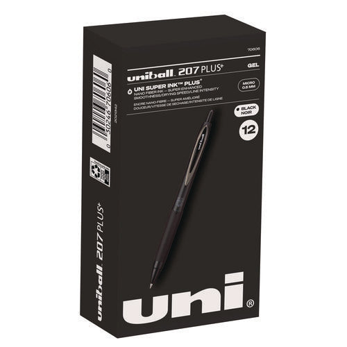 Image of uniball® 207 Plus+ Gel Pen, Retractable, Micro 0.5 mm, Black Ink, Black Barrel, Dozen
