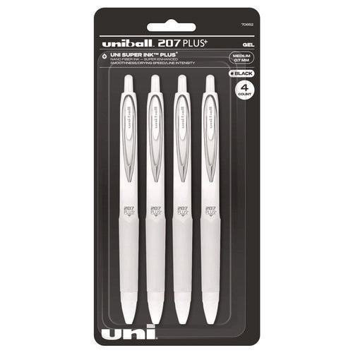 Image of uniball® 207 Plus+ Gel Pen, Retractable, Medium 0.7 mm, Black Ink, White Barrel, 4/Pack