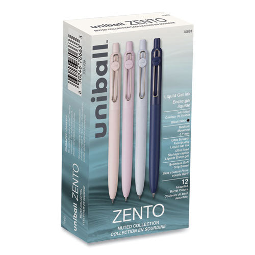 Image of uniball® Zento Gel Pen, Retractable, Medium 0.7 mm, Black Ink, Assorted Barrel Colors, Dozen