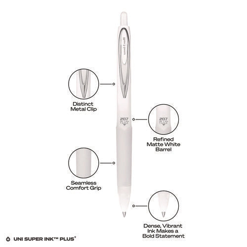 Image of uniball® 207 Plus+ Gel Pen, Retractable, Medium 0.7 mm, Black Ink, White Barrel, Dozen