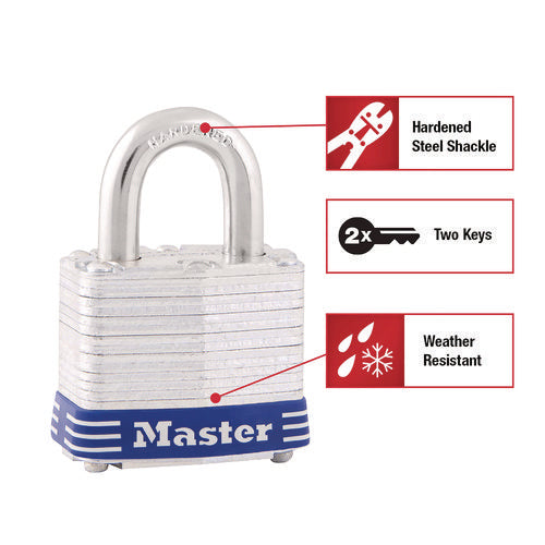 Image of Master Lock® Four-Pin Tumbler Lock, Laminated Steel Body, 1.56" Wide, Silver/Blue, 2 Keys