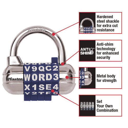 Image of Master Lock® Password Plus Combination Lock, Hardened Steel Shackle, 2.5" Wide, Chrome/Assorted