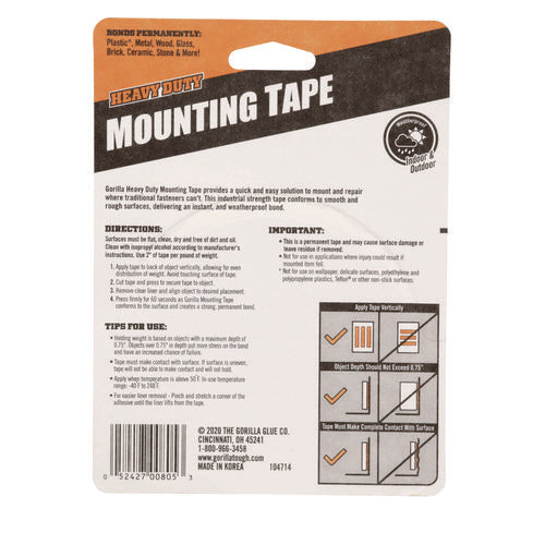 Image of Gorilla® Heavy Duty Mounting Tape, Permanent, Holds Up to 60 lb (1 lb per 2 in), 1 x 120, Black