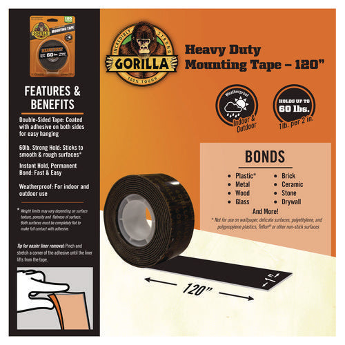 Image of Gorilla® Heavy Duty Mounting Tape, Permanent, Holds Up to 60 lb (1 lb per 2 in), 1 x 120, Black