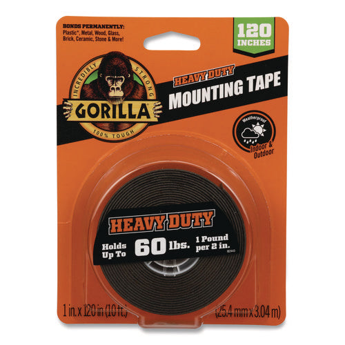 Image of Gorilla® Heavy Duty Mounting Tape, Permanent, Holds Up to 60 lb (1 lb per 2 in), 1 x 120, Black