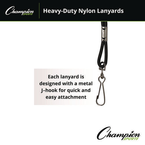 Image of Champion Sports Lanyard, Metal J-Hook Fastener, 20" Long, Black, 12/Pack