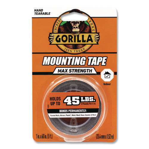 Image of Gorilla® Max Strength Mounting Tape, Permanent, Holds Up to 45 lb (3 lbs per 4 in), 1 x 60, Black