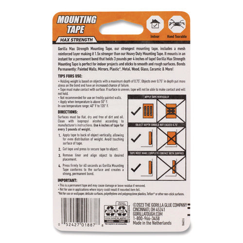 Image of Gorilla® Max Strength Mounting Tape, Permanent, Holds Up to 45 lb (3 lbs per 4 in), 1 x 60, Black