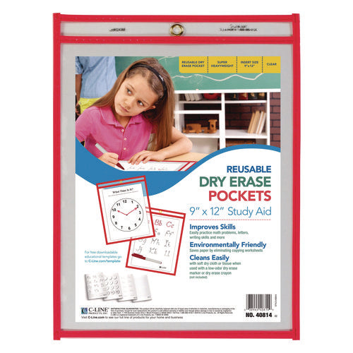 Image of C-Line® Reusable Dry Erase Pockets, 9 x 12, Neon Red, 30/Pack