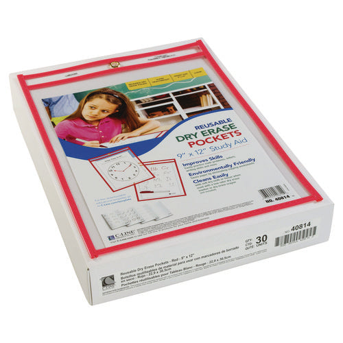 Image of C-Line® Reusable Dry Erase Pockets, 9 x 12, Neon Red, 30/Pack