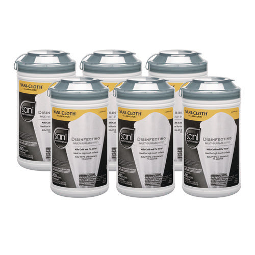 Image of Sani Professional® Disinfecting Multi-Surface Wipes, 7.5 x 5.38, White, 200/Canister, 6 Canisters/Carton