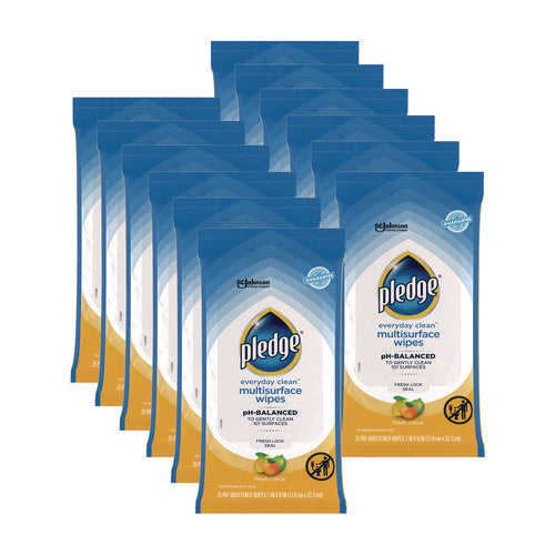 Image of Pledge® Multi-Surface Cleaner Wet Wipes, Cloth, 7 x 10, Fresh Citrus, White, 25/Pack, 12 Packs/Carton