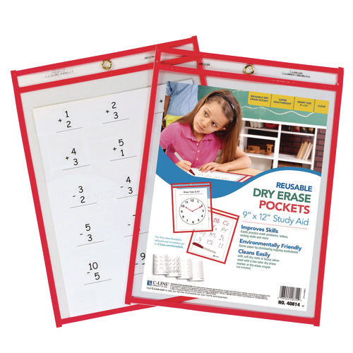 Image of C-Line® Reusable Dry Erase Pockets, 9 x 12, Neon Red, 30/Pack