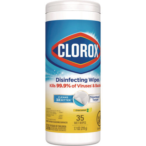 Image of Clorox® Disinfecting Wipes, Bleach Free Cleaning Wipes, 1-Ply, 7 x 8, Crisp Lemon, White, 35/Canister, 12 Canisters/Carton