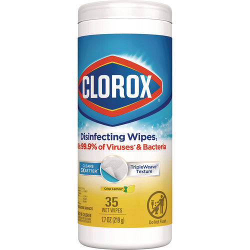 Image of Clorox® Disinfecting Wipes, Bleach Free Cleaning Wipes, 1-Ply, 7 x 8, Crisp Lemon, White, 35/Canister, 12 Canisters/Carton